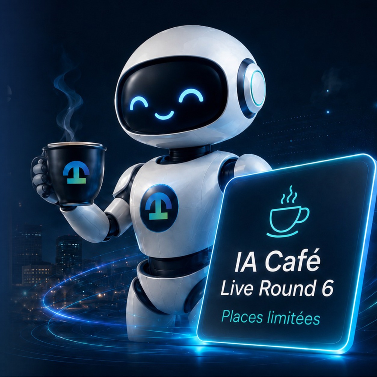 Robot IA tenant une tasse de café devant la skyline de Casablanca