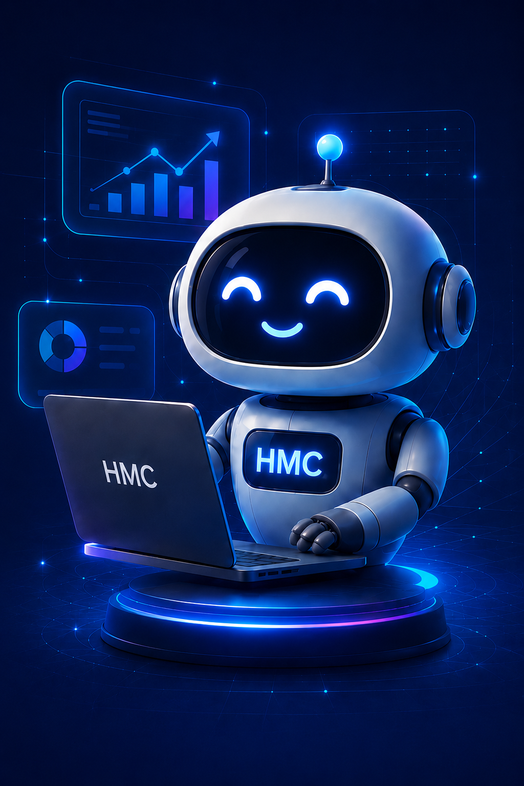 Robot HMC avec ordinateur portable et graphiques marketing